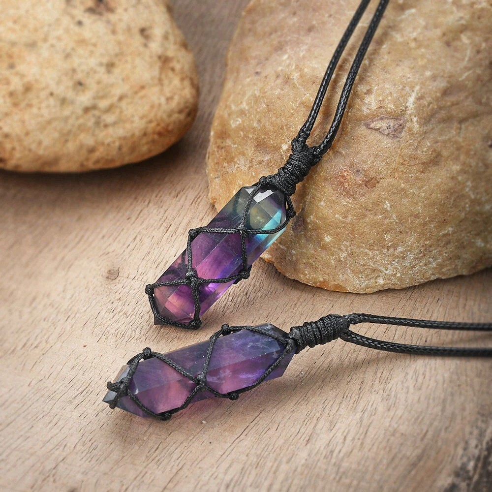 Genuine Rainbow Fluorite Crystal Hexagonal Point Pendant Healing Reiki Necklace
