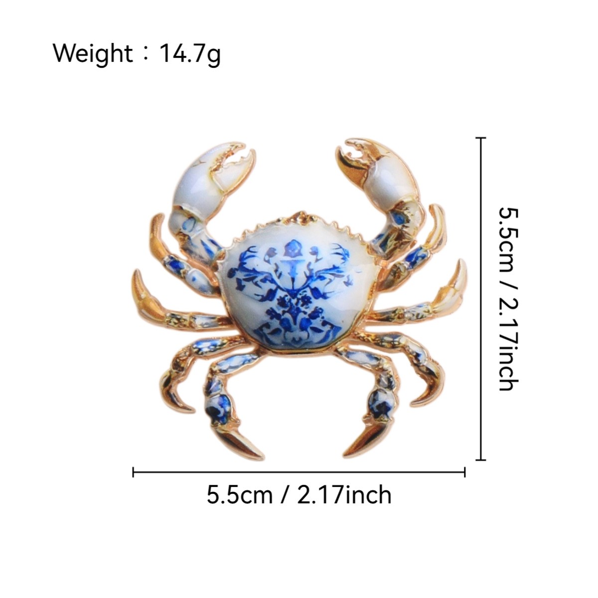 Blue and White Porcelain Pattern Crab Brooch Vintage Enamel Sea Animal Lapel Pin