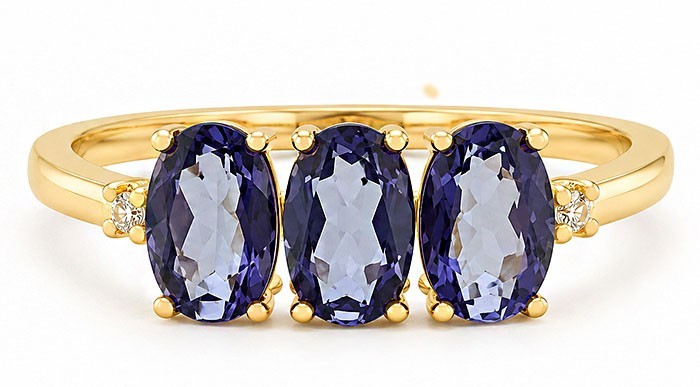 GENUINE 1.84 Cts IOLITE & WHITE SAPPHIRE RING 14k YELLOW GOLD PLATED (.925)- NWT