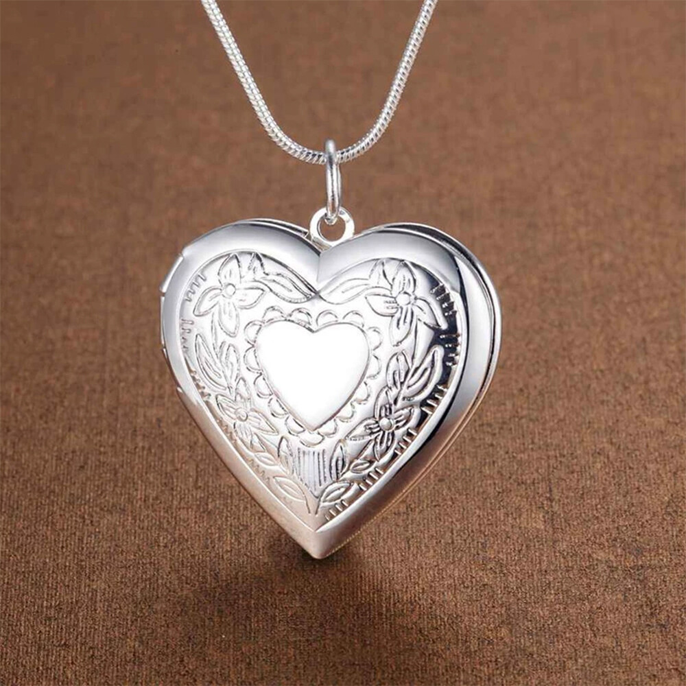 925 Sterling Silver Plated Heart Necklace, Locket Photo Picture Pendant 18″ N1
