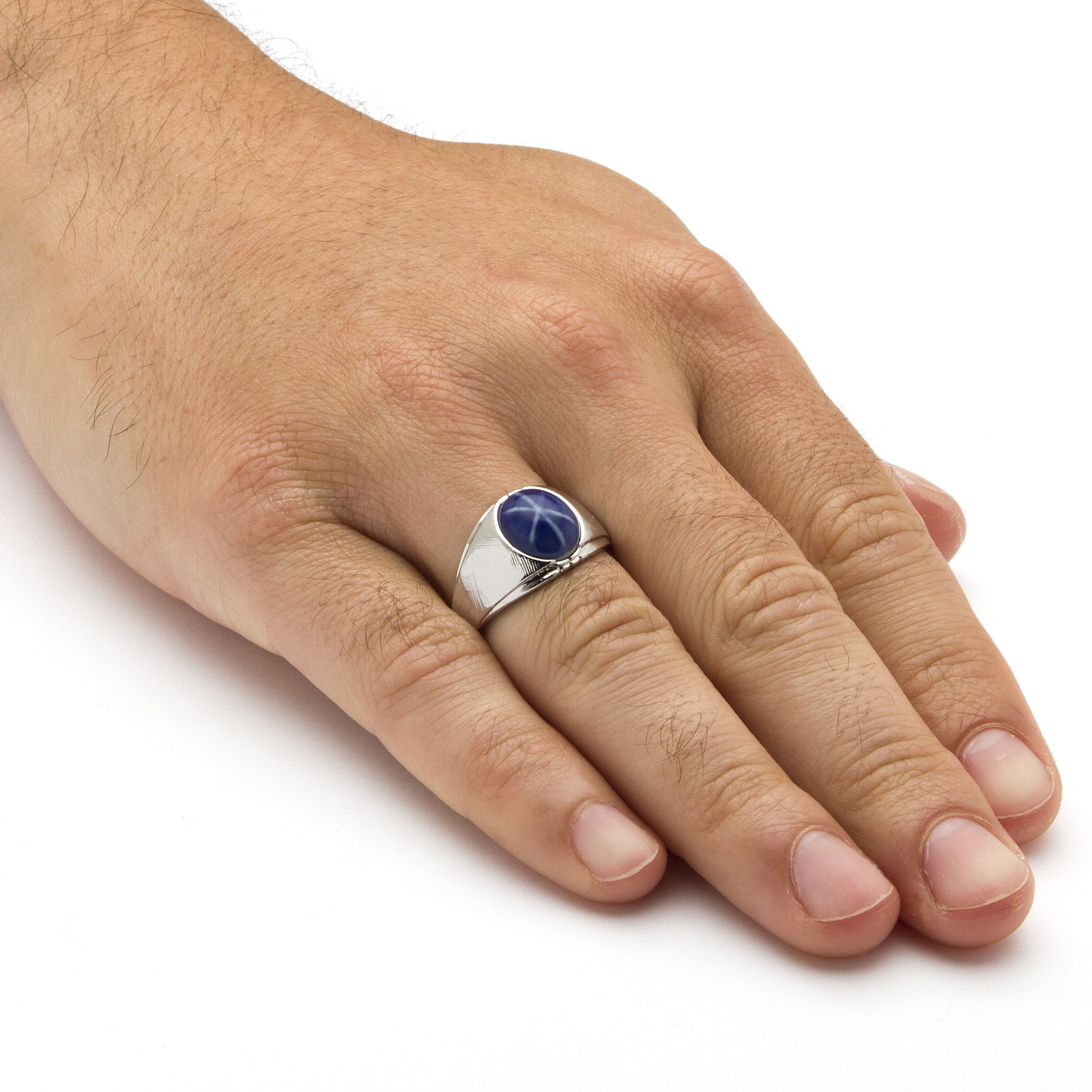 Men’s Oval Simulated Blue Star Sapphire Ring in Silvertone Sizes 8-16