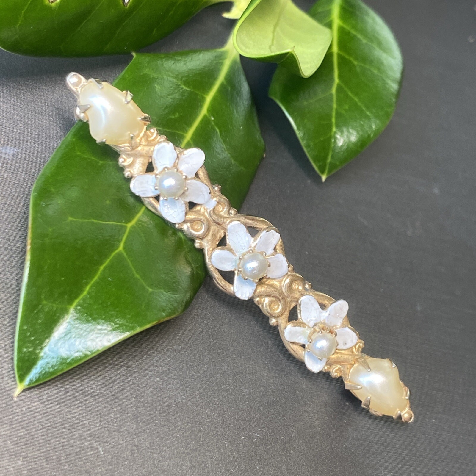 Vintage Pearl Bar Brooch Estate Fine Jewelry Pre-owned Sterling Silver Vermeil