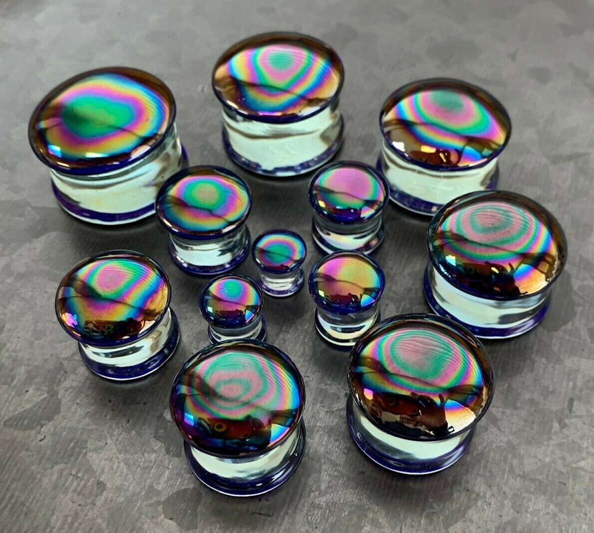 PAIR Oil Slick Design Pyrex Glass Double Flare Plugs Gauges Body Jewelry