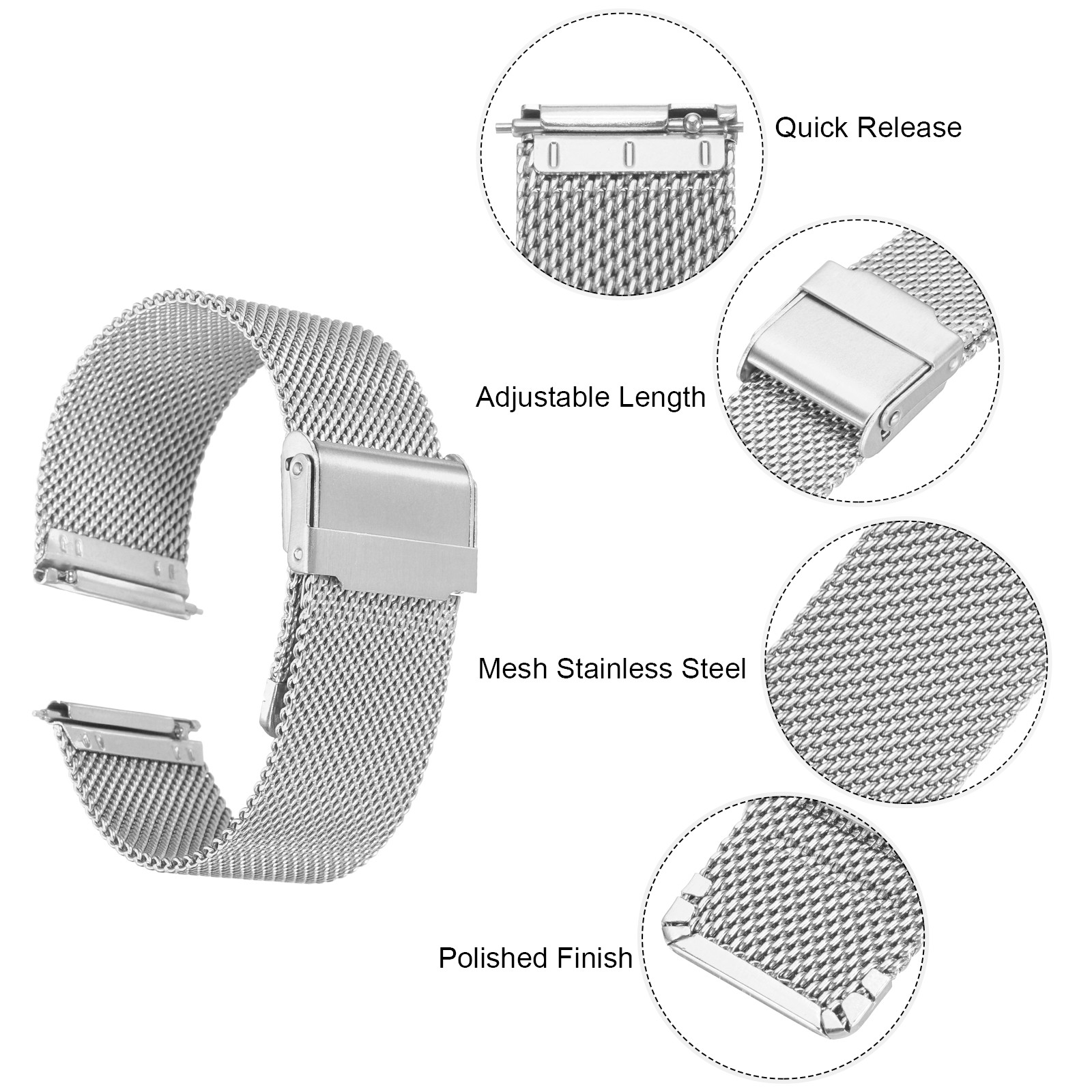 316L Stainless Steel Mesh Watch Band 22mm Quick Release Adjust Strap, Silver