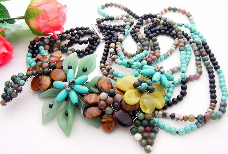 21″ Turquoise Agate Onyx Tigers Eye Statement Necklace