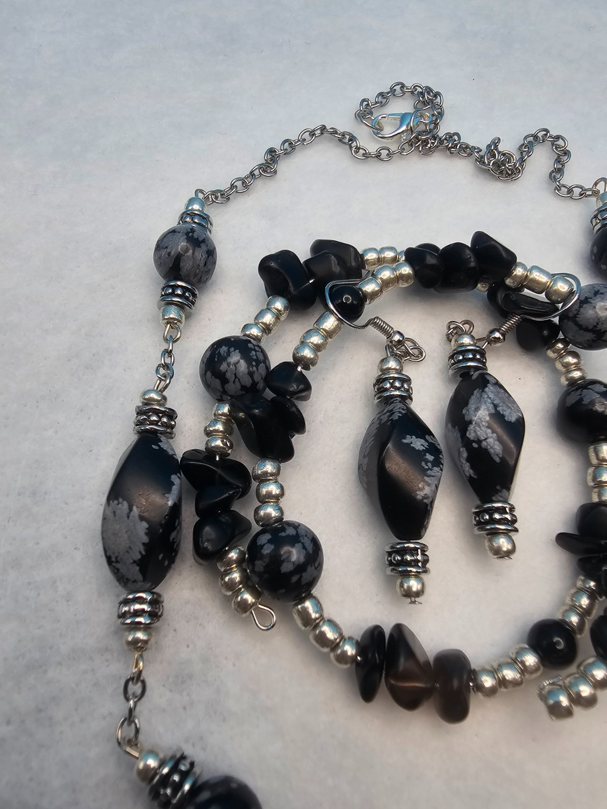 Snowflake Obsidian Jewelry Set Stone Glass Stainless Steel Handmade