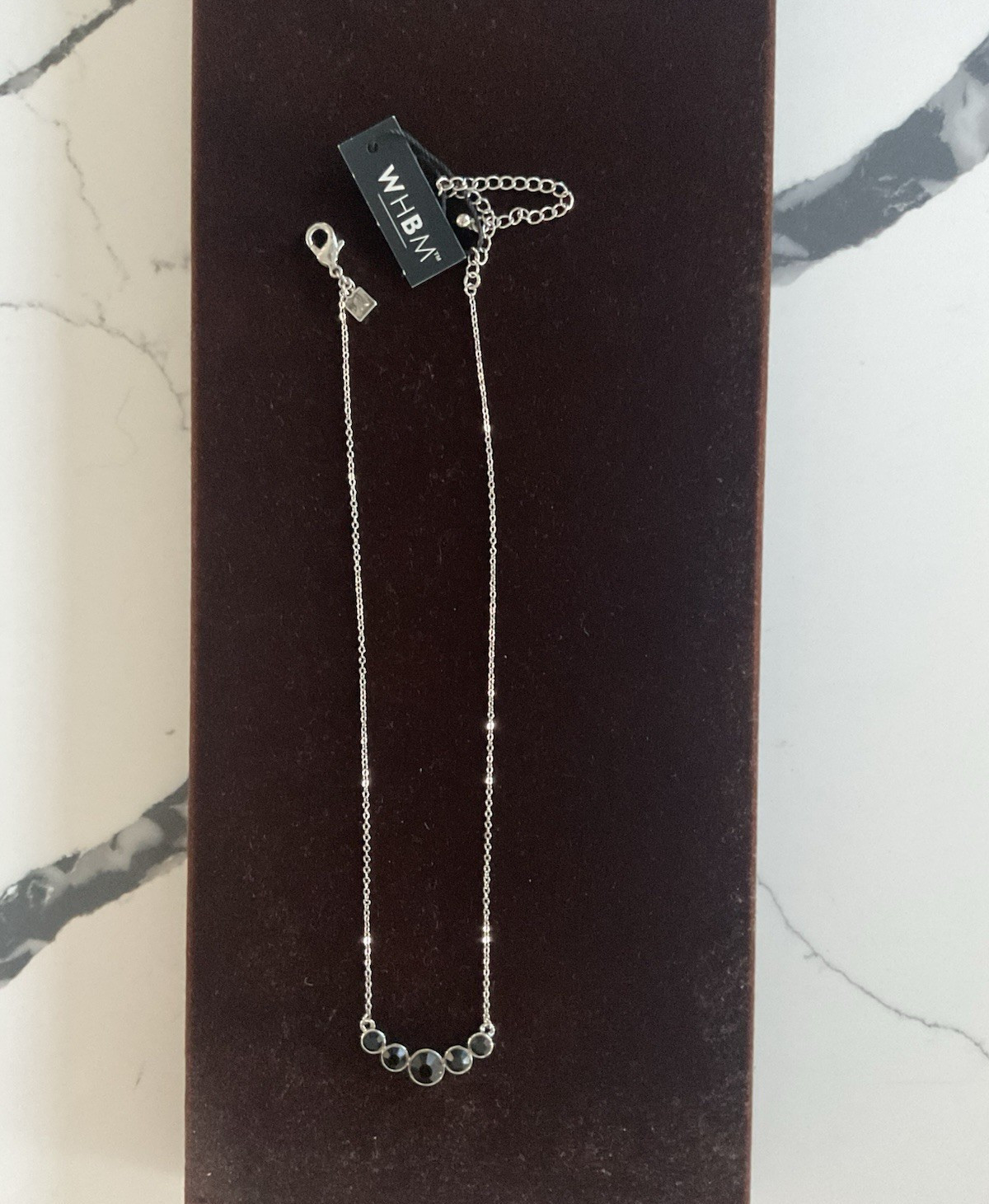 WHBM Silver Tone Adjustable Cable Chain Necklace w/ 5 Round Black Pendant Stones