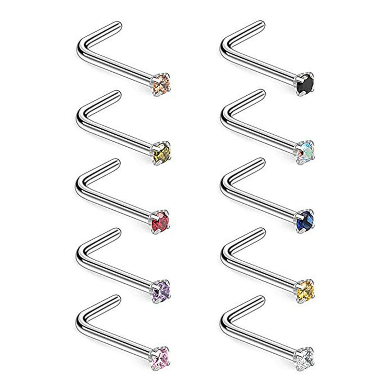 10pcs L Shape Nose Nail 316L Surgical Steel Ring Zircon Piercing Jewelry 1.5-3mm