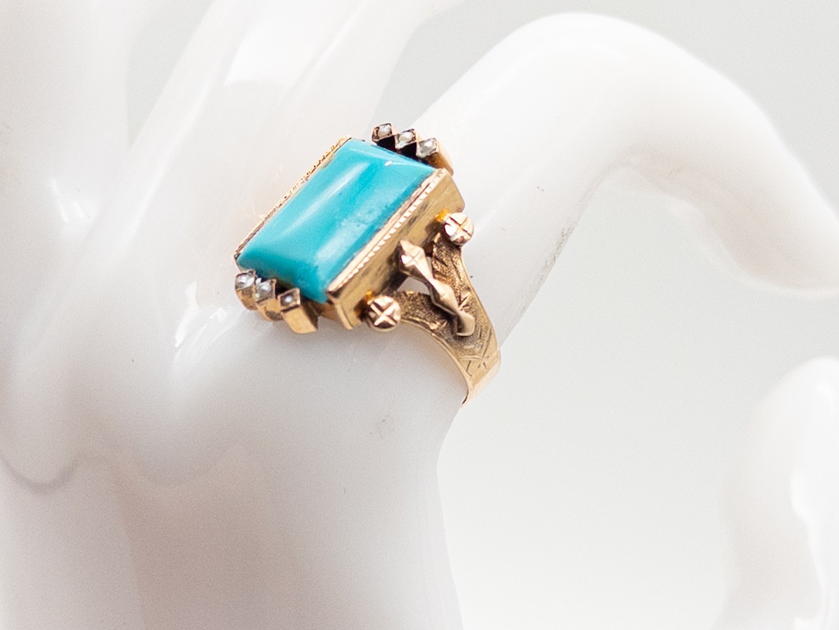 Antique Victorian 1880s $2400 4ct Turquoise Pearl 14k Yellow Gold Band Ring 4g