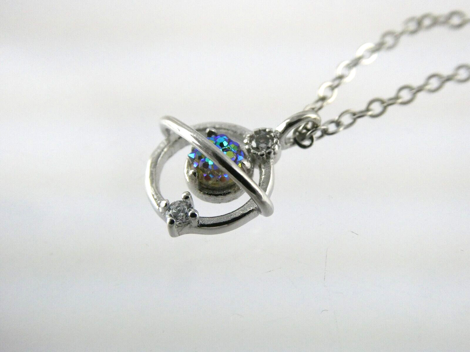 Sterling Silver Druzy Gemstone Planet Pendant Necklace 2.1 Grams 17 Inches