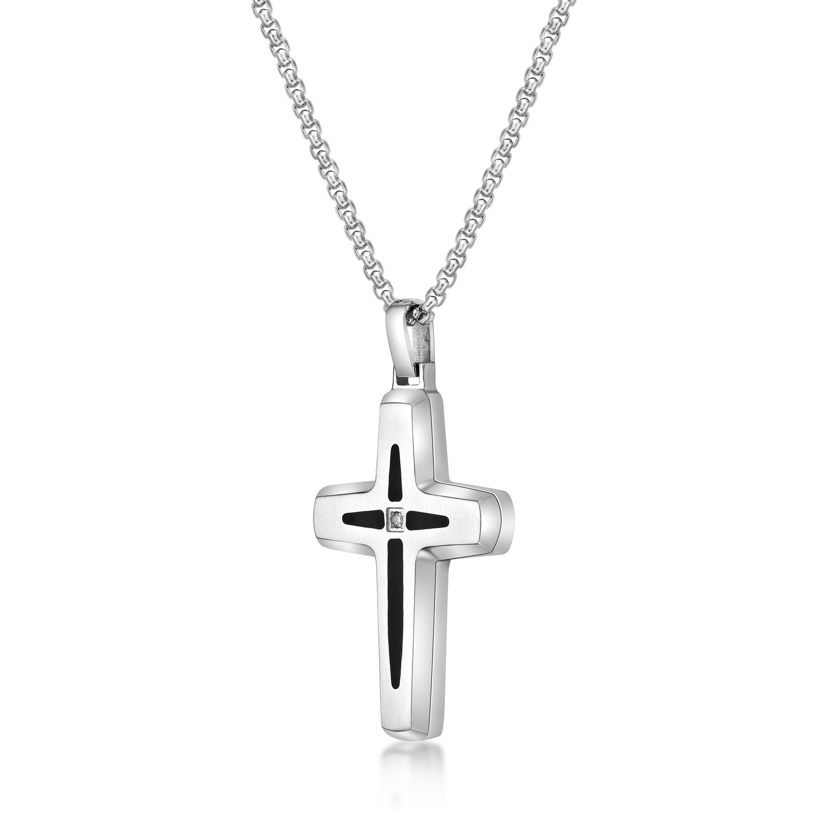 Brushed Finish Cross Pendant Black Resin Center .015 Diamonds
