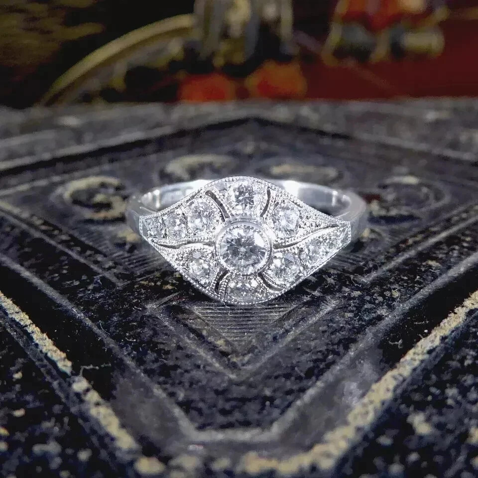 Art Deco Style Round Cut VVS1 Lab Created Diamond 925 Silver Engagement Ring