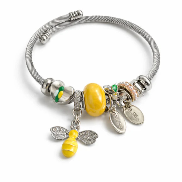 Women’s Fashion Bee Bracelet – Yellow Bee Pendant, Nature-Themed Metal Bangle