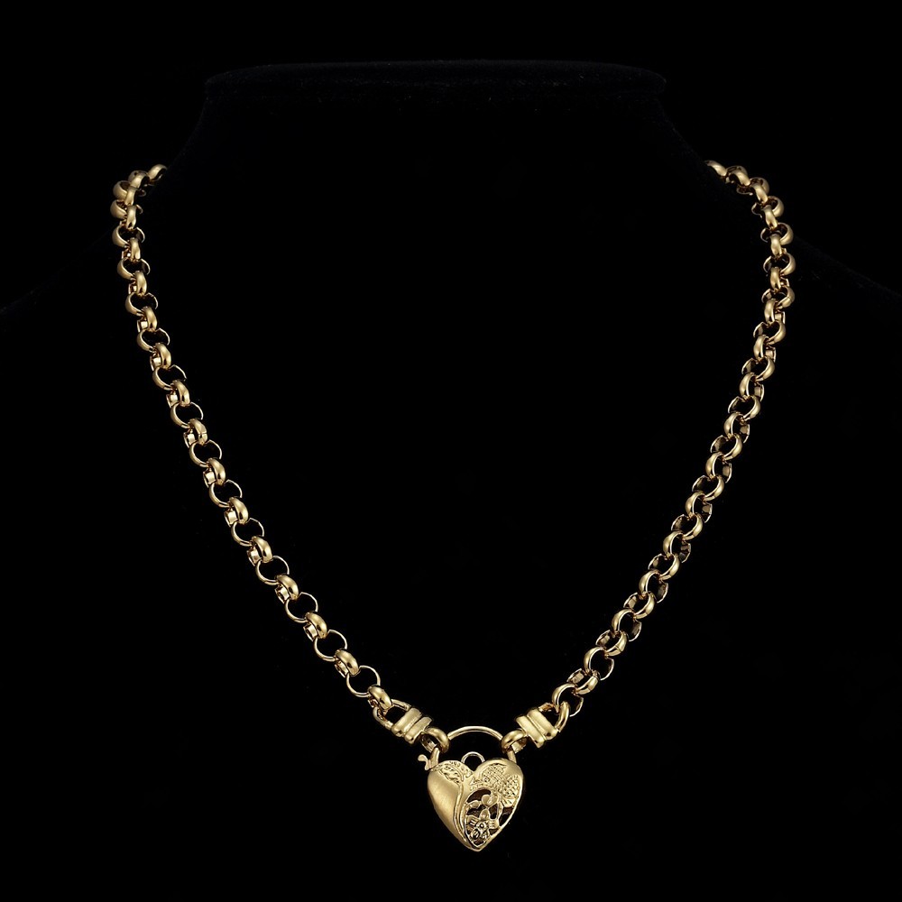18K GL Solid Belcher Yellow Gold Necklace with Half Filigree Heart Padlock