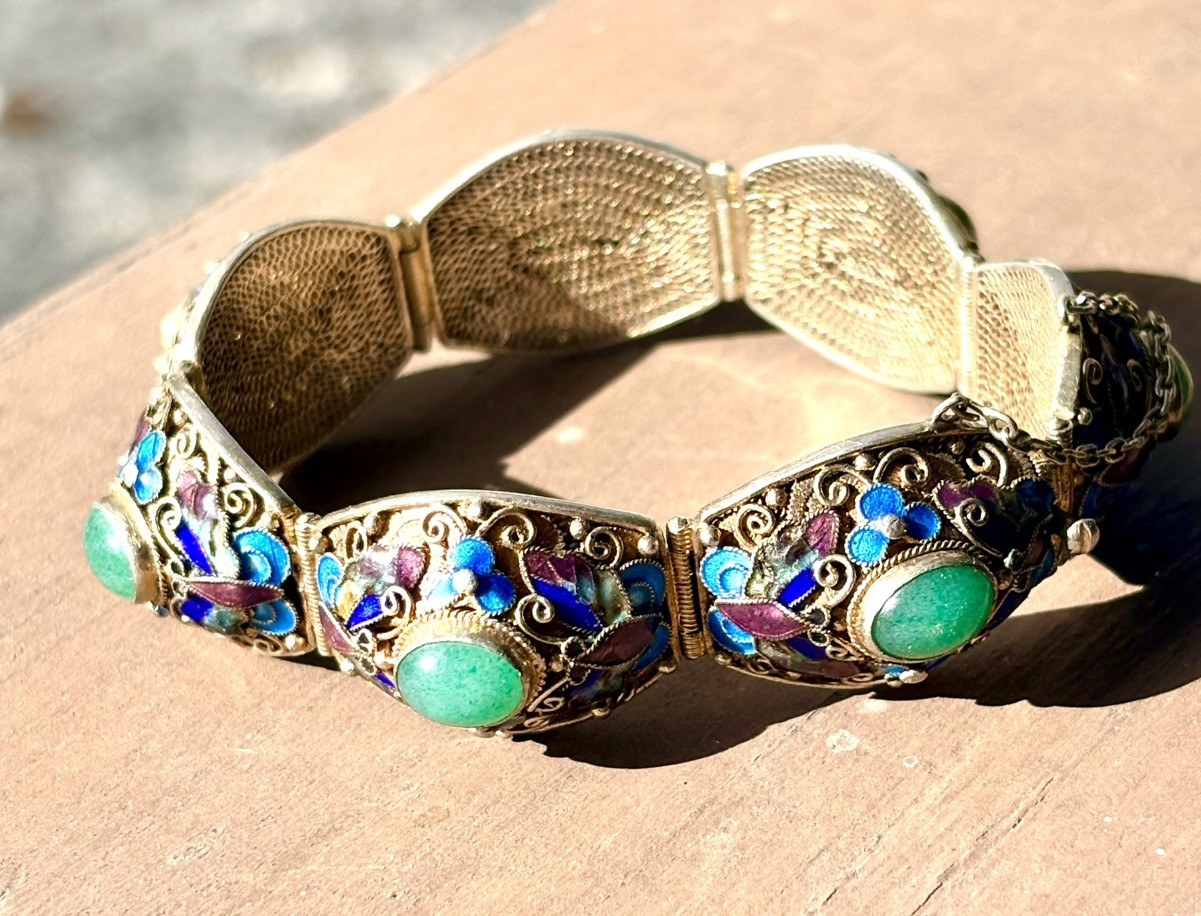 Antique Chinese Export 900 Silver Jade Enamel Gold Gilt Bracelet 1920’s-40’s 7”