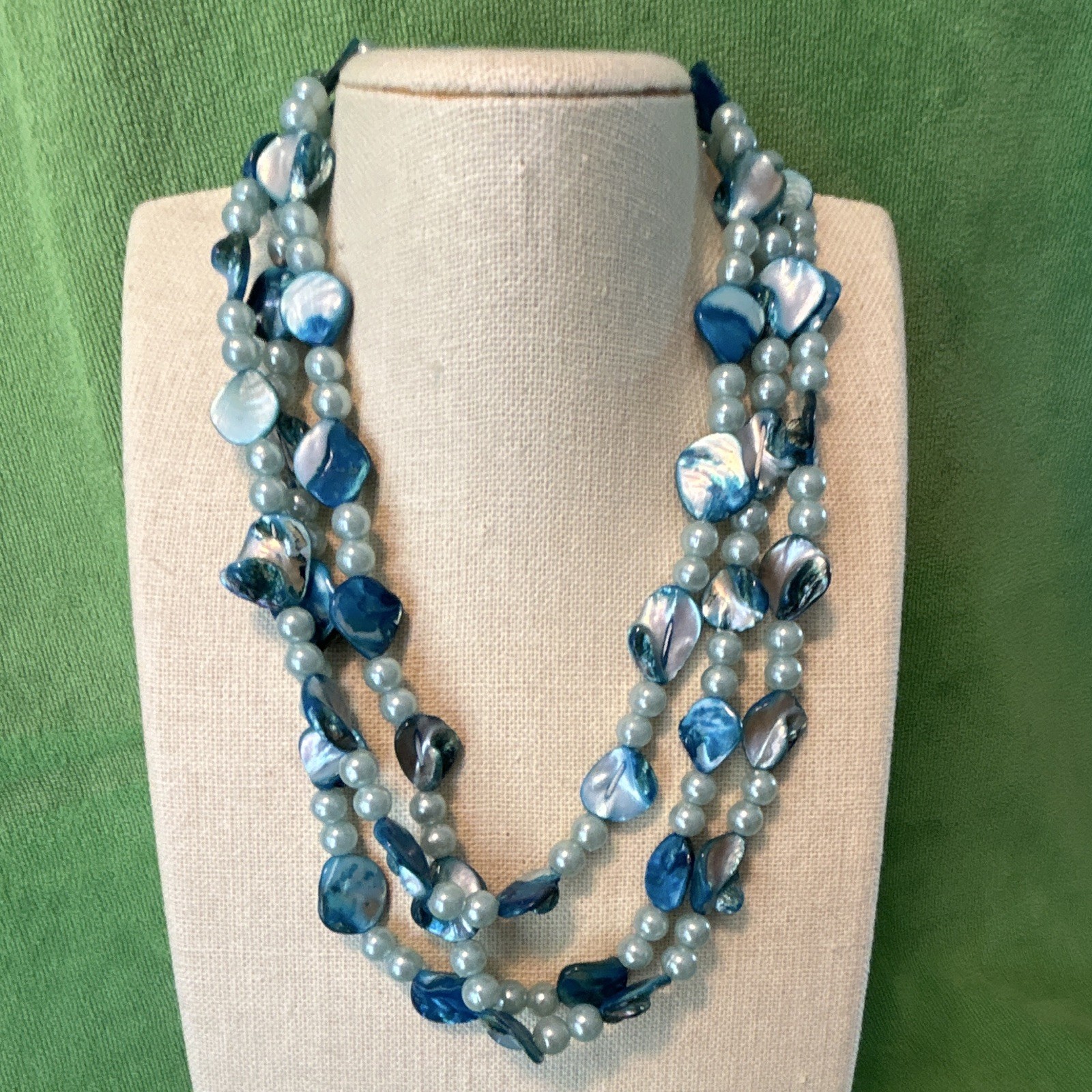 Blue Pearl & Shell Beaded Layered Double Strand Necklace, Ball/Bead Chain