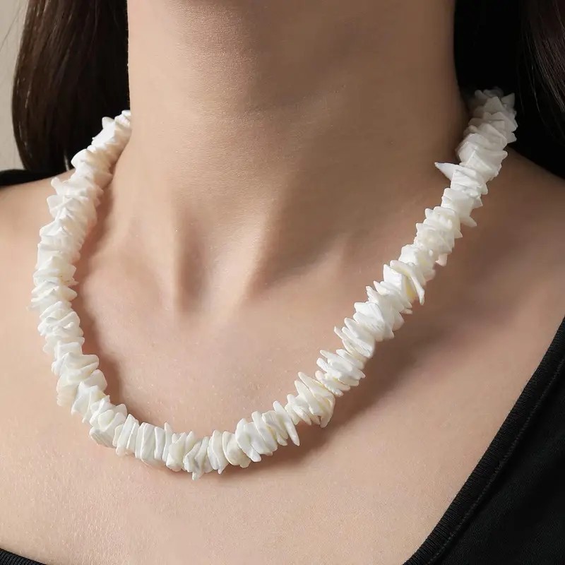 White Puka Shell Necklace – Hawaiian Style Clam Chip Surfer Necklace 16 in-19 In