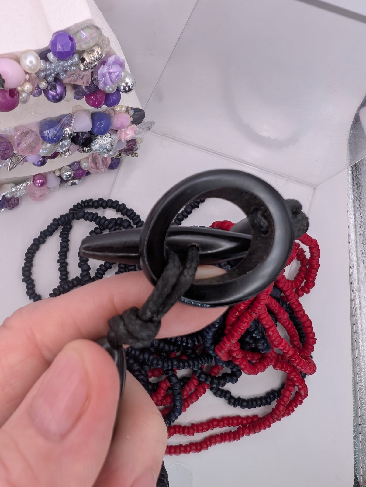Chunky red black dyed wood multi strand none metal statement toggle necklace