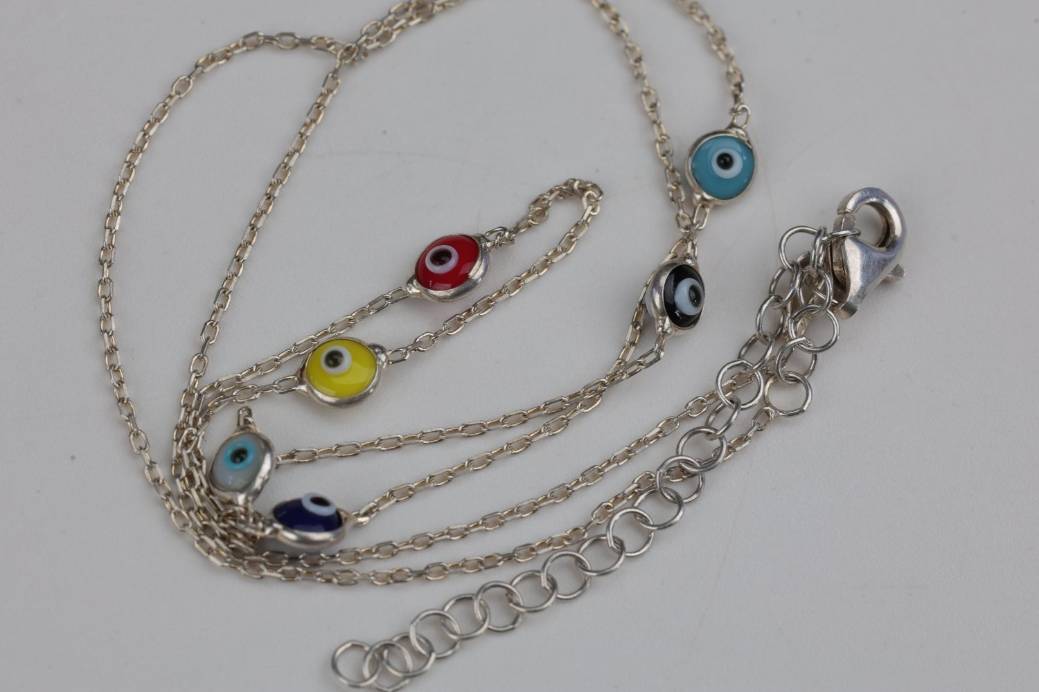 Sterling Silver Multicolor Enamel Evil Eye Station Necklace 925 14 Inch