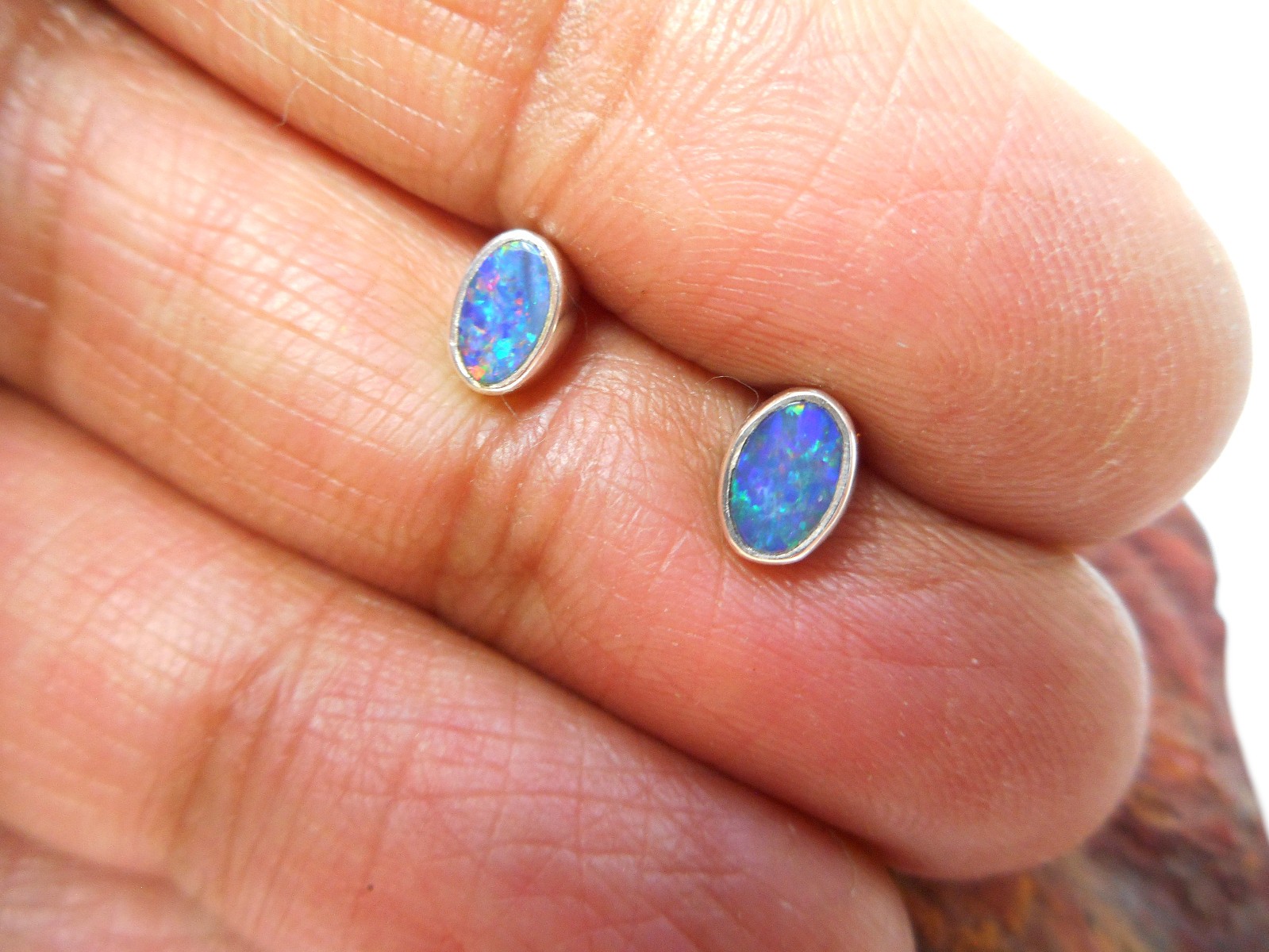Natural Small Australian Opal Stud Earrings – Sterling Silver Gemstone