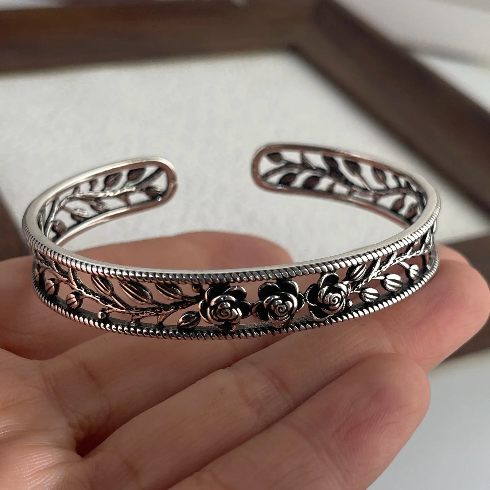 Women Cuff Bangle Vintage Flower Retro Rose Set Sterling Silver Jewelle Bracelet