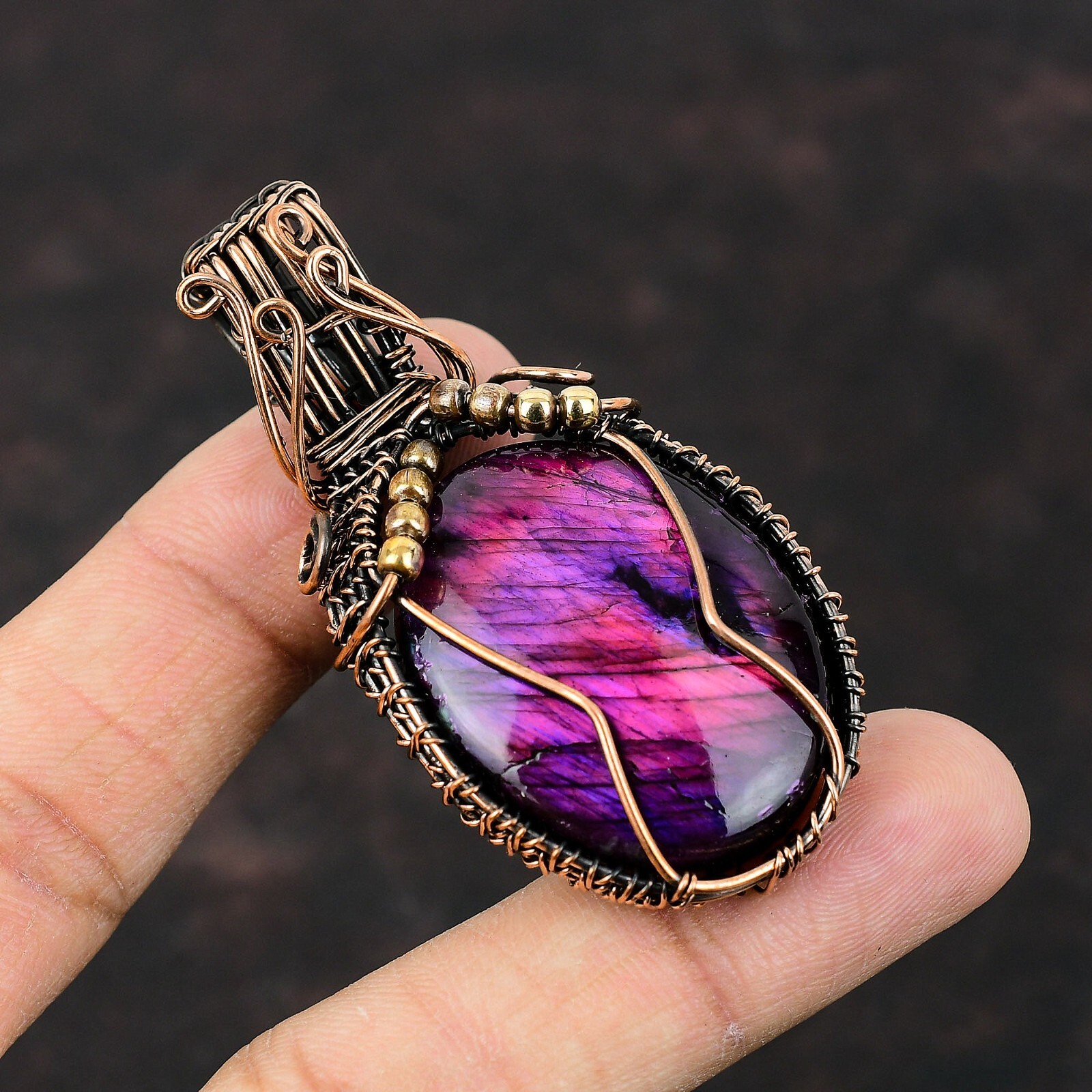 Pink & Purple Fire Labradorite Copper Gift For Love Wire Wrapped Pendant 2.56″