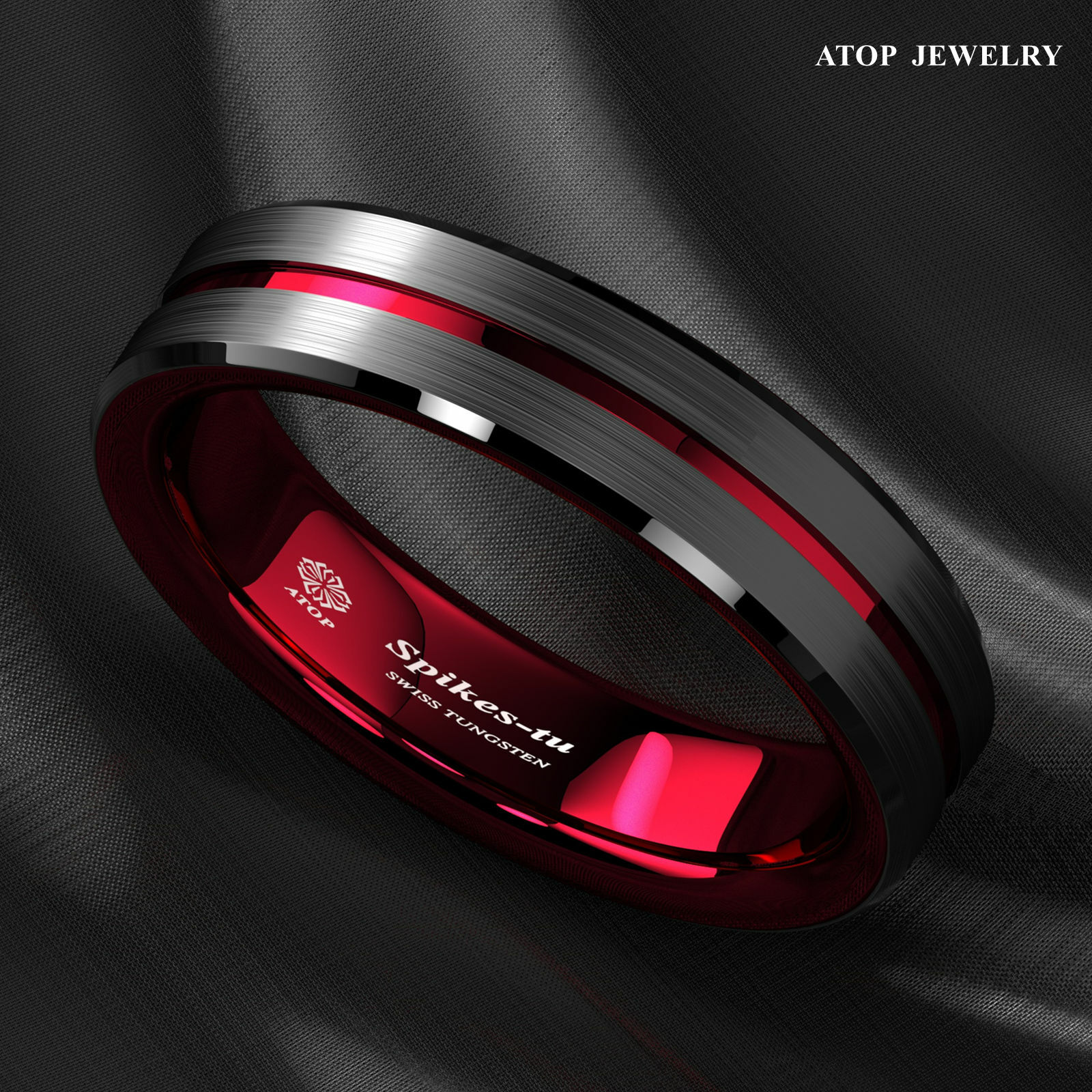 8/6mm Black Tungsten Carbide Thin Red Line Wedding Band Ring ATOP Men’s Jewelry