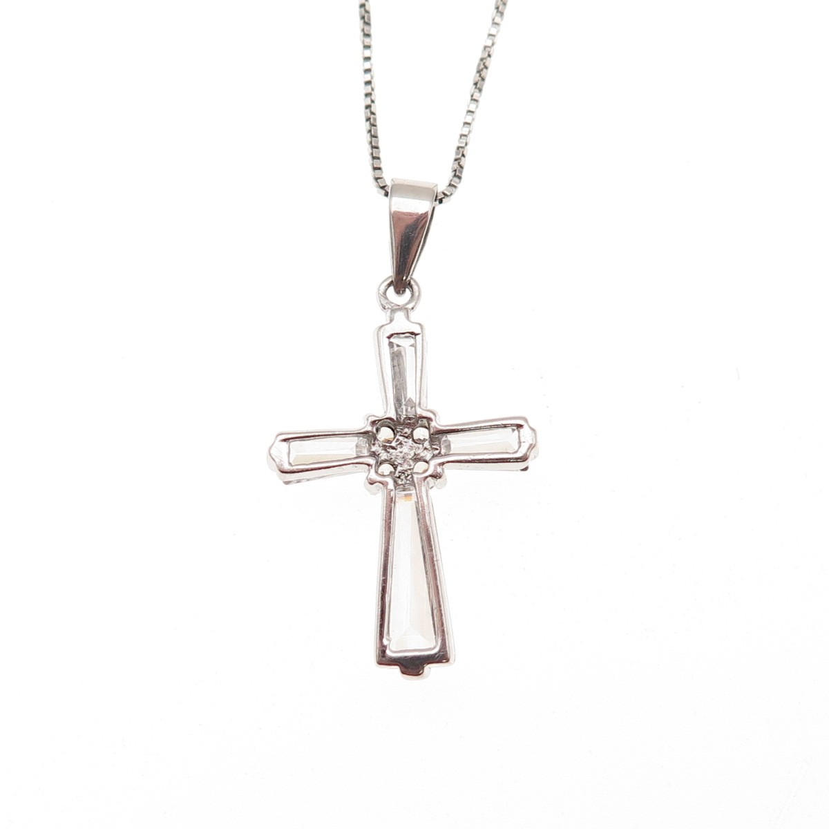 925 Sterling Round & Tapered Baguette-Cut C Z Cross Box Chain Necklace 18″