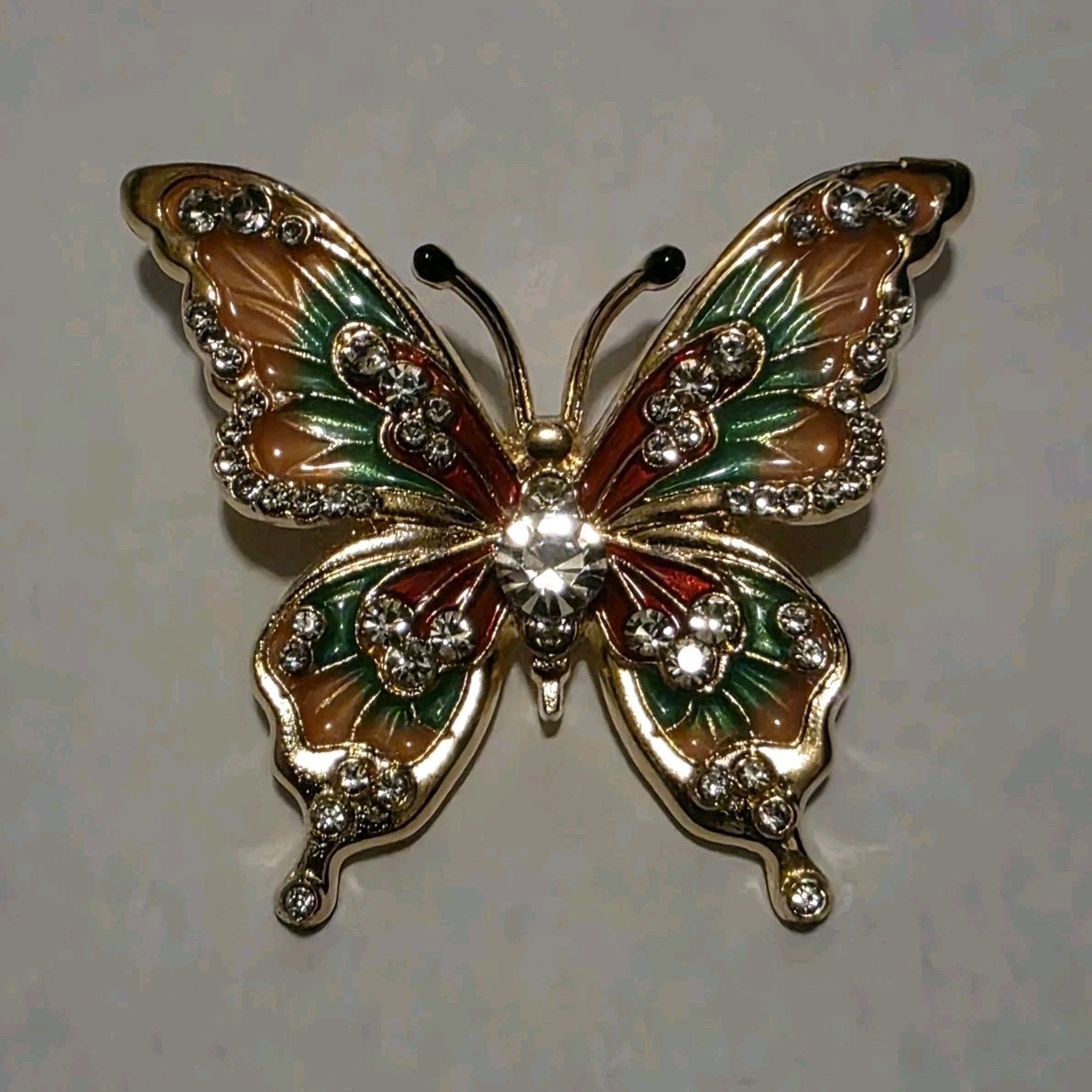 Gold Tone Butterfly Brooch Pin Green & Orange Enamel w/ Clear Rhinestones 2 in