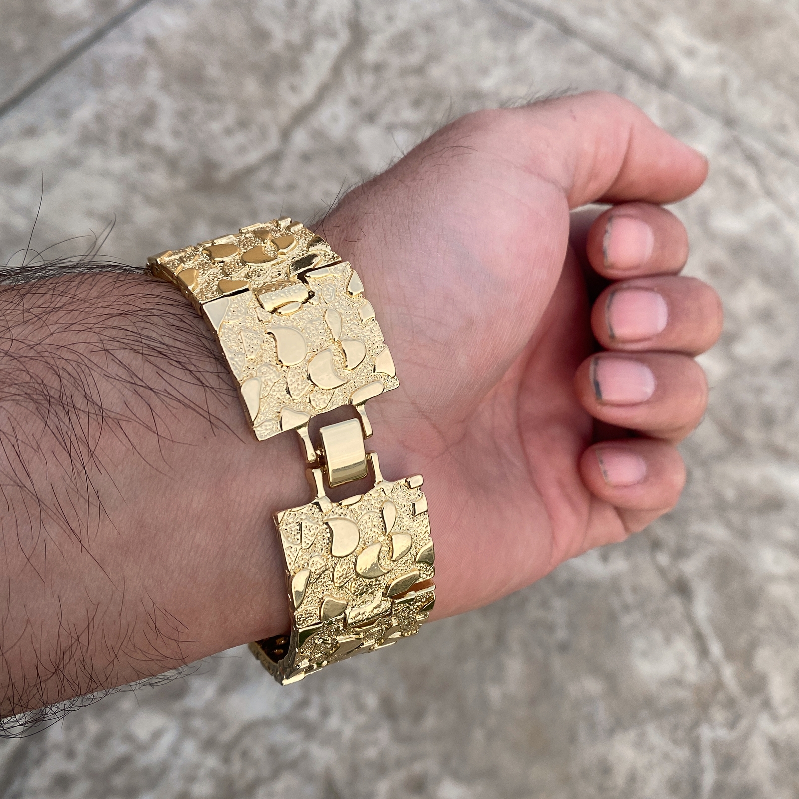 Men’s 14K Gold Plated “Gold Nugget” Heavy Hip Hop Bracelet Big 24MM Thick 8″ in
