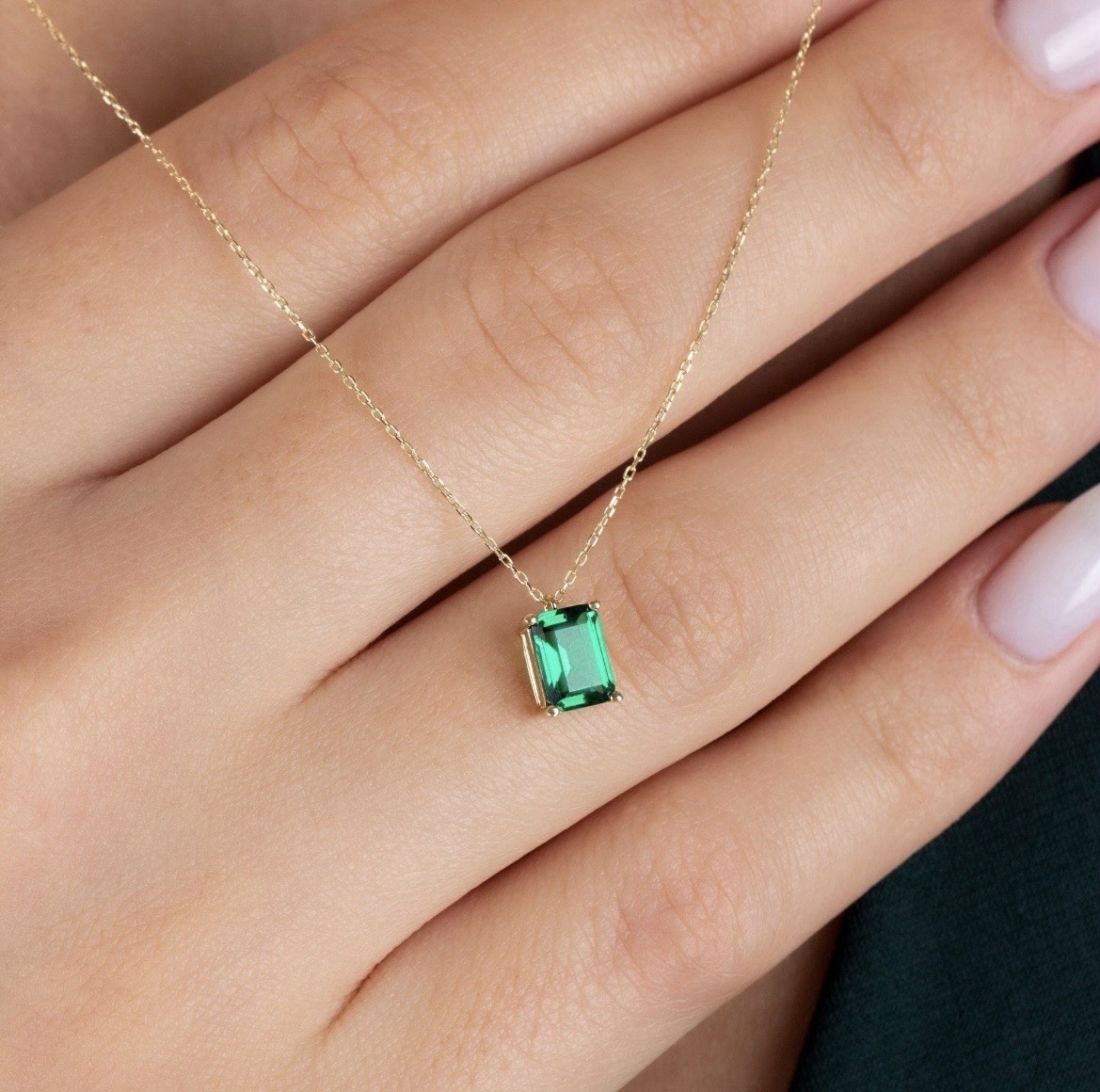 Emerald Rectangle Necklace 14K Solid White Gold, 16in (40cm) Chain Length