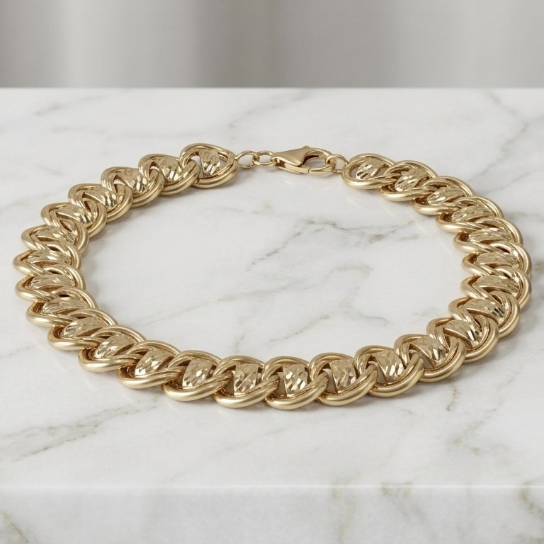 14K Yellow Gold Diamond Cut Railroad Bracelet Double Curb Link 6.75″ – 8″ QVC