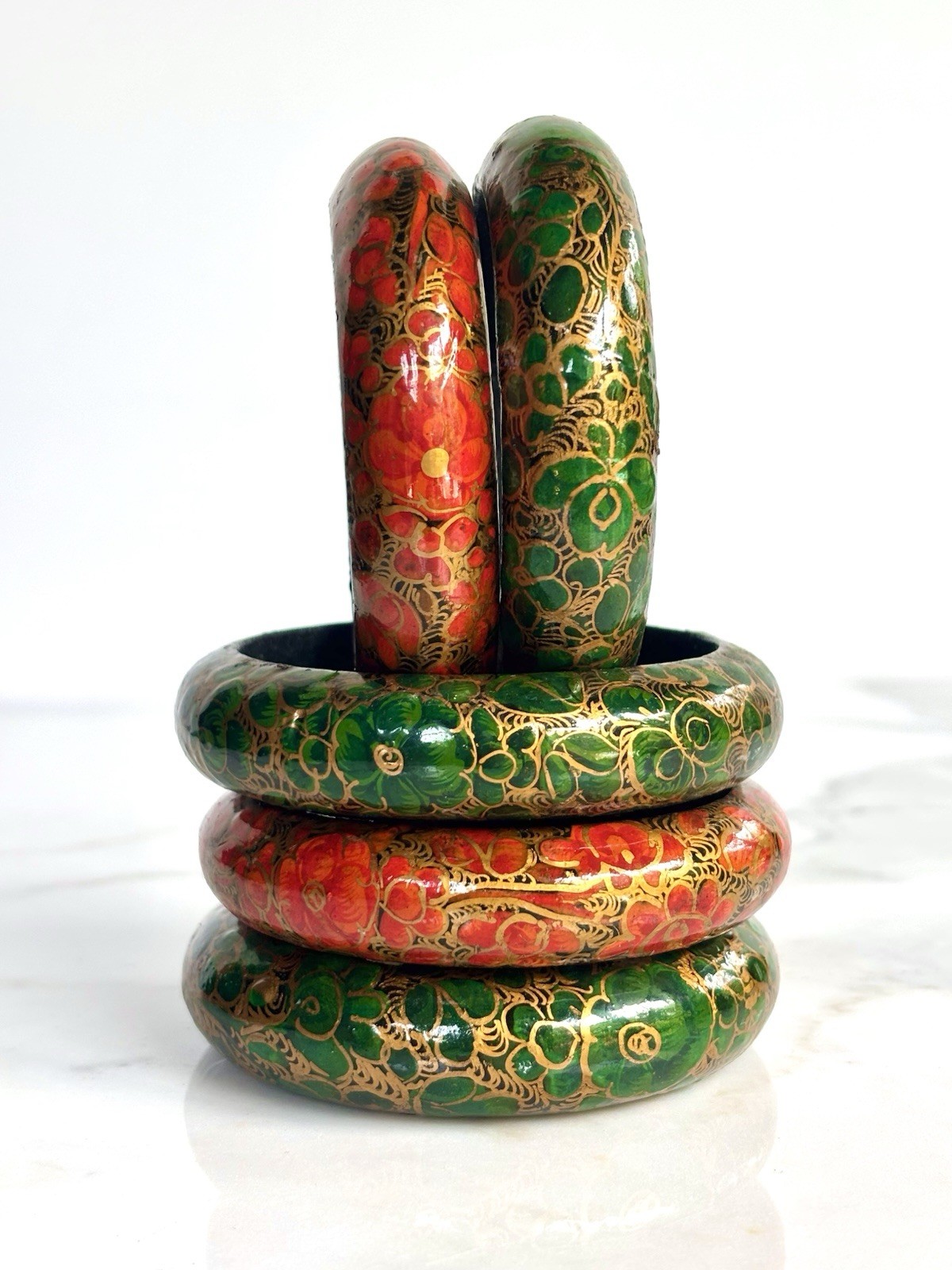 SET OF 5 NEPAL KASHMIR WOOD HAND PAINTED BANGLE BRACELETS 1980s VINTAGE MINT