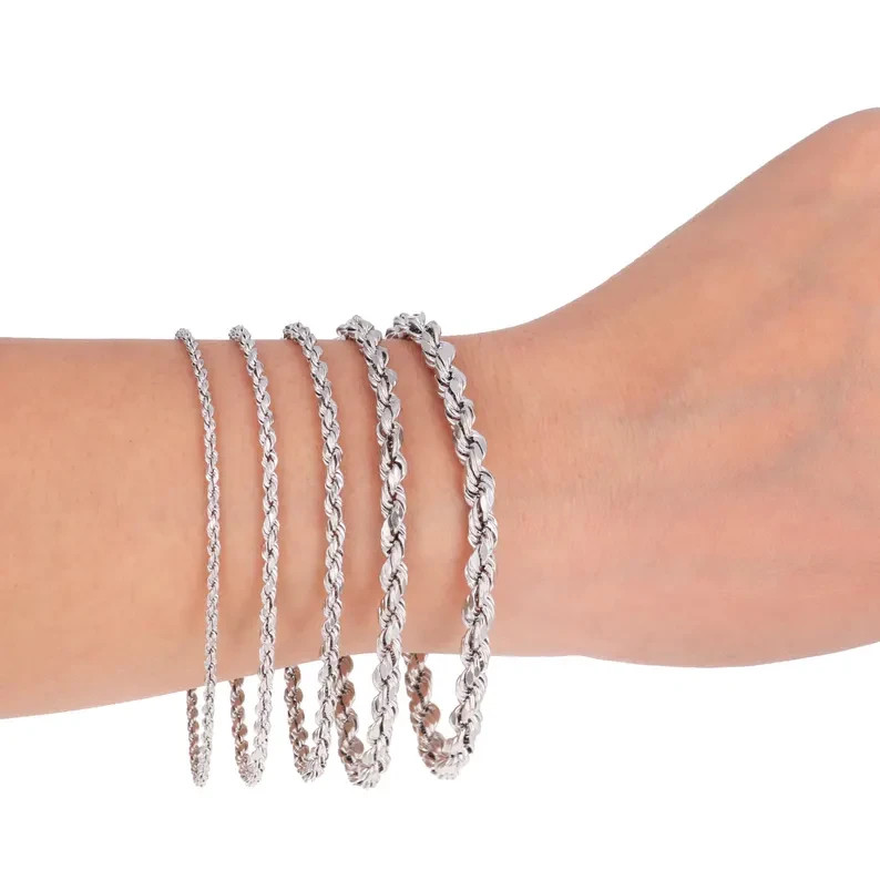 14K White Gold Rope Chain Bracelet Diamond Cut Real Gold 2mm-5mm 7-9in Unisex
