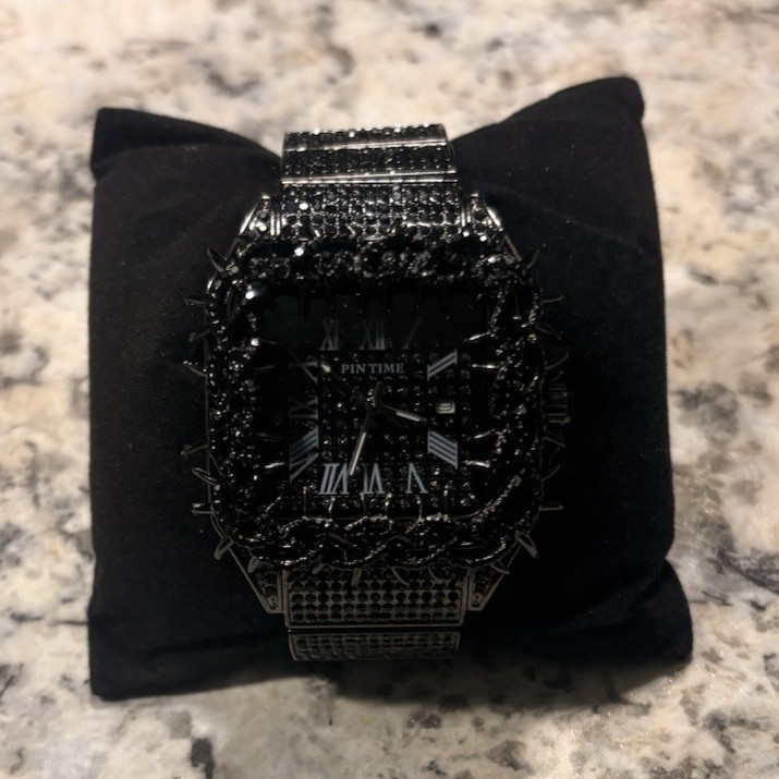 Black ICED OUT PIN TIME Moissanite Throne Roman Numeral watch w/Box