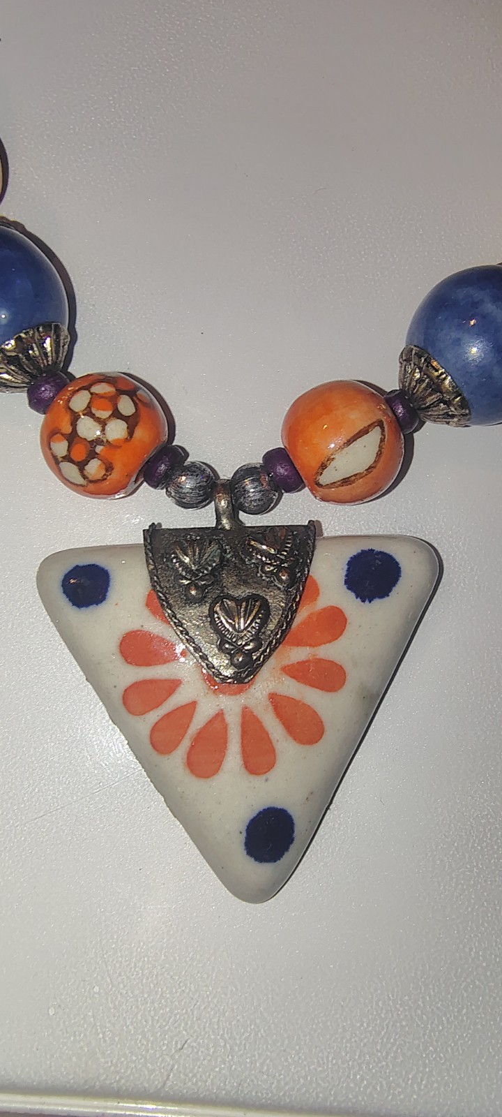 Bohemian Hand Painted Ceramic Beaded Statement Necklace Mixed Floral Motif