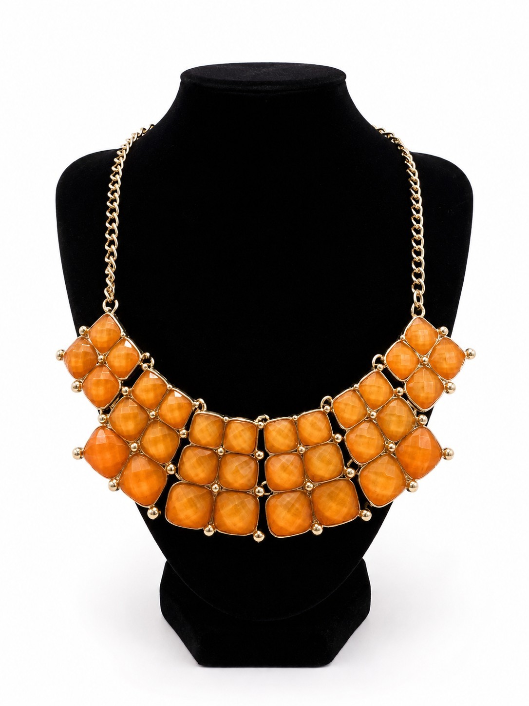 Vintage Gold Tone Orange Lucite Statement Bib Necklace Faceted Chunky Adjustable