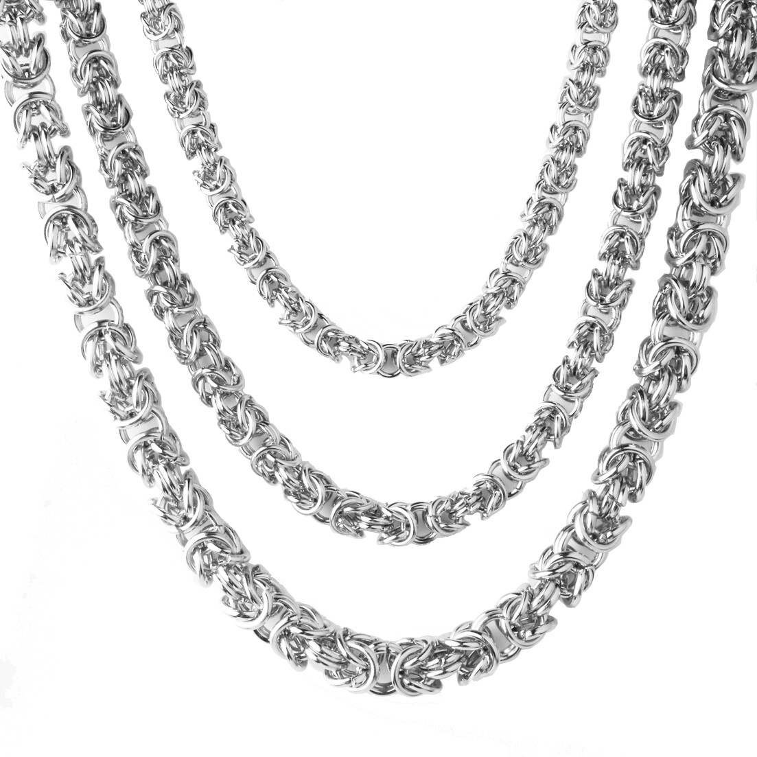 6/8/10mm Mens Chain Silver Tone Link Byzantine Stainless Steel Necklace Bracelet
