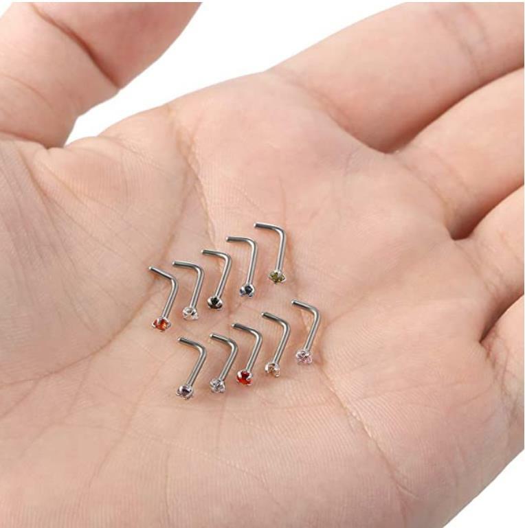 10PCS 20G Surgical Steel L Shaped Mix Color CZ Nose Stud Rings Piercing Jewelry
