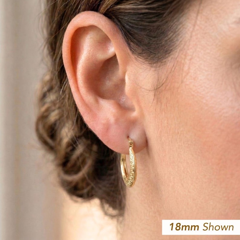 14K Real Solid Yellow Gold Greek Key Curved Round Creole Hoop Earrings 16MM 18MM