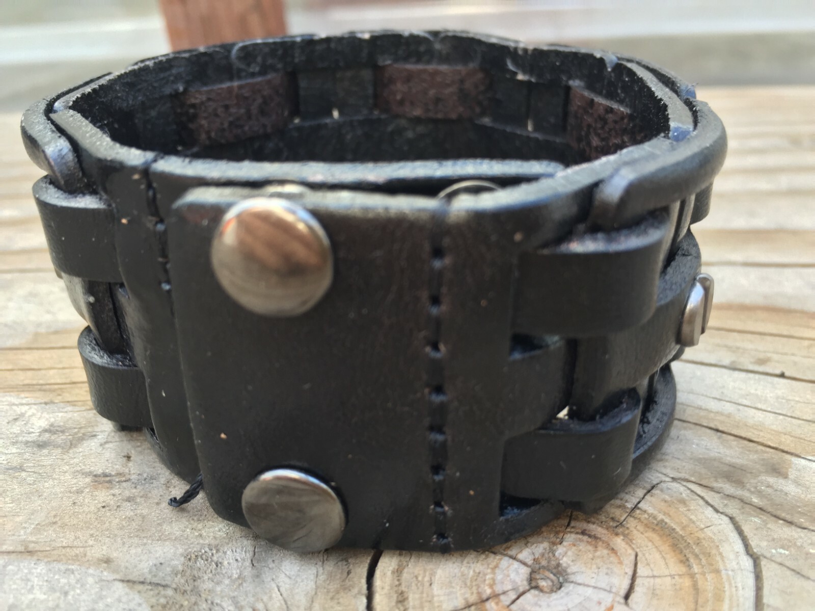 Rock Punk Mens Braided Studded Black Leather Wide Cuff Bracelet Wristband Bangle