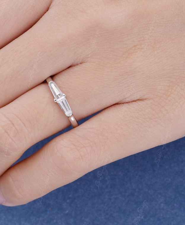Tapered Baguette Cut Lab-Created Diamond Geometric Ring Unique Mini Gift for Her