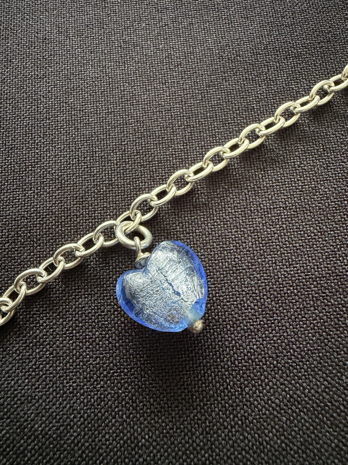 Charm Bracelet Sterling Silver 925 Blue Glass Heart Belcher Chain 19cm 6.8g