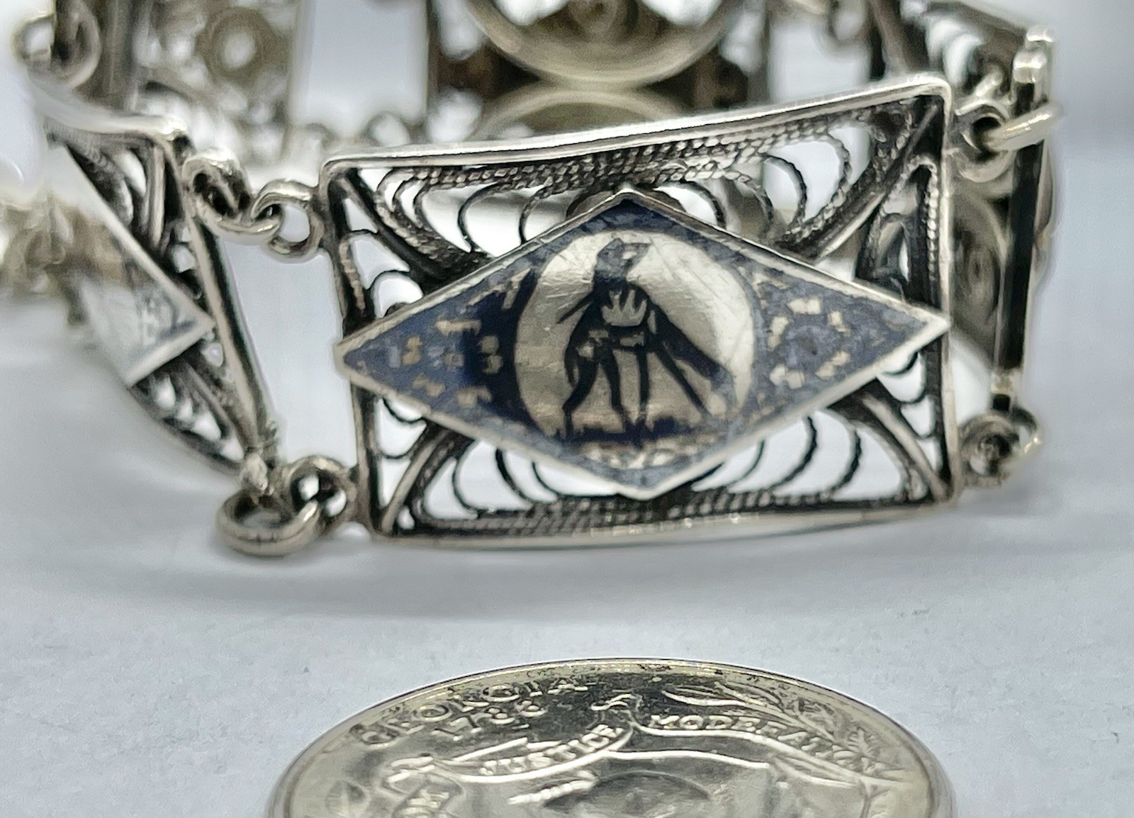 Antique Vintage Sterling Filigree 4 Picture Panel Bracelet 6 1/2” AS IS