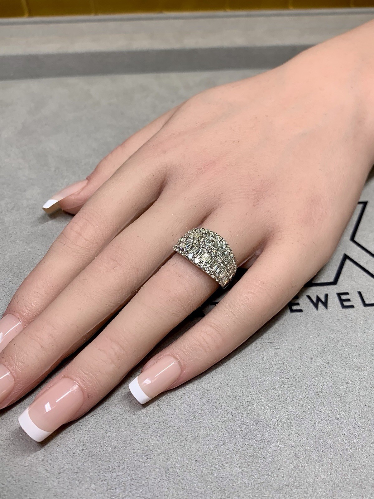 Estate 18K White Gold Baguette & Round Diamond Multi Row Wide Band Cocktail Ring
