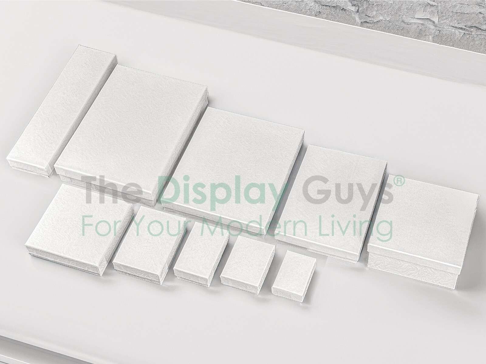 BULK Cardboard Jewelry Gift Boxes w/ Cotton Fill Padding – White Swirl 11 Sizes