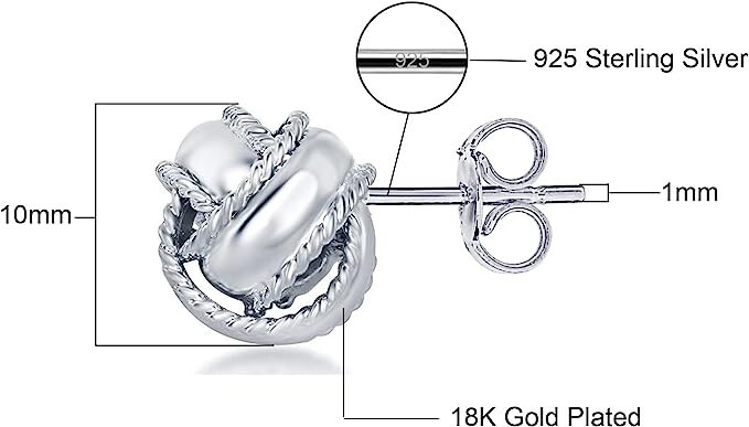 925 Solid Sterling Silver 10MM Love Knot Stud Earrings For Women and Girls