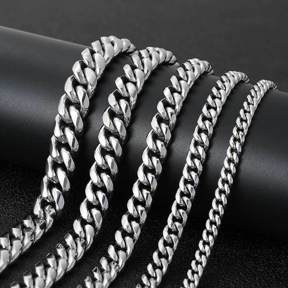 White Gold Plated Stainless Steel Miami Cuban Link Bracelet Chain With CZ Clasp