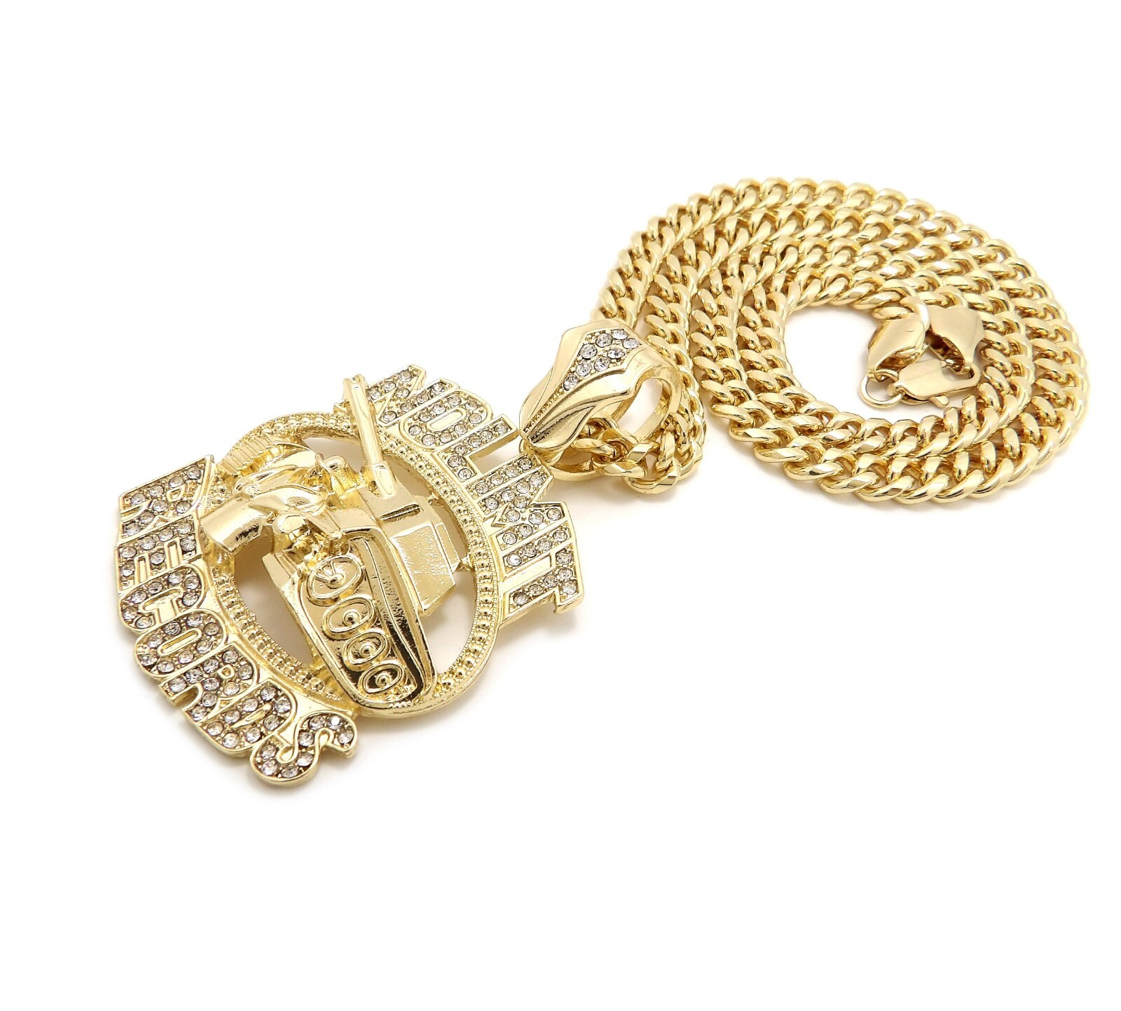 No Limit Records Tank Cubic Zirconia Pendant Gold Plated Cuban Chain Necklace