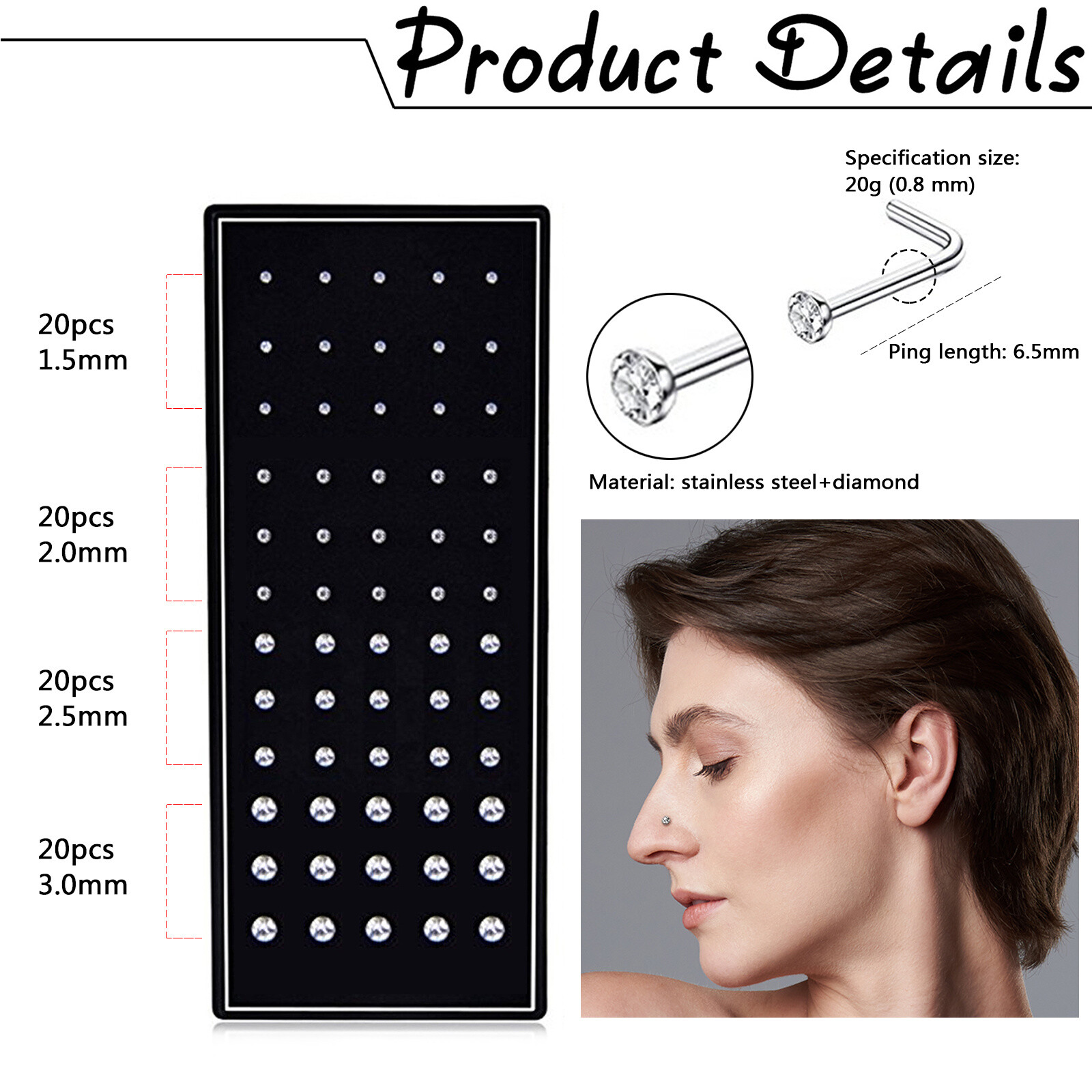 60Pcs 20G L-Shaped CZ Nose Rings Bone Stud Stainless Steel Body Piercing Jewelry